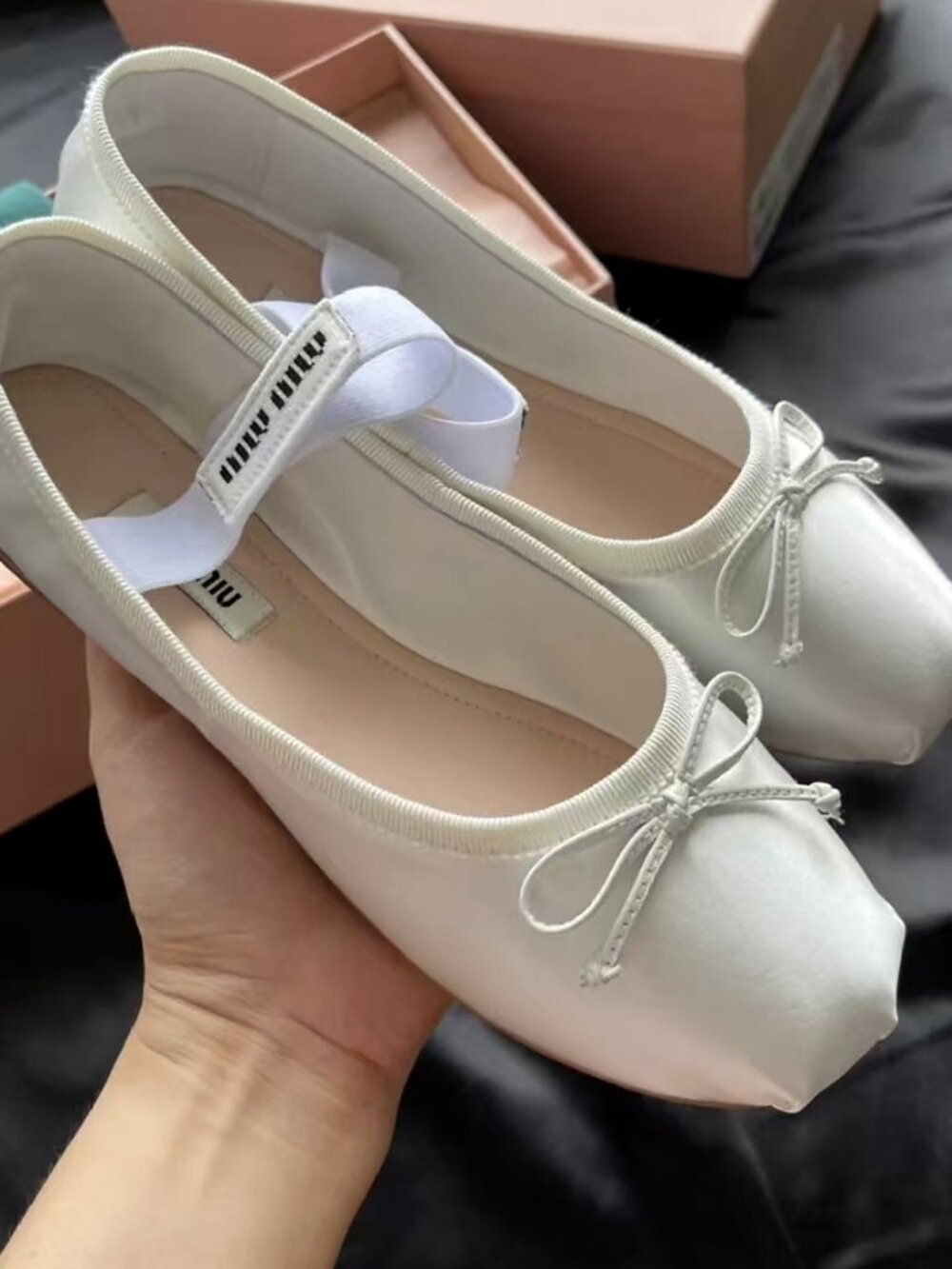 MIU MIU Ivory Satin Bow Elastic Strap Ballet Flats